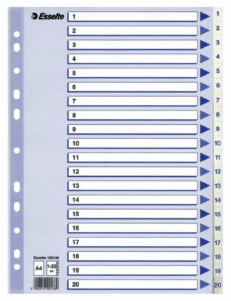 10 stk. Register Pp Esselte A4 1-20 M/hvid Kartonforblad - Esselte