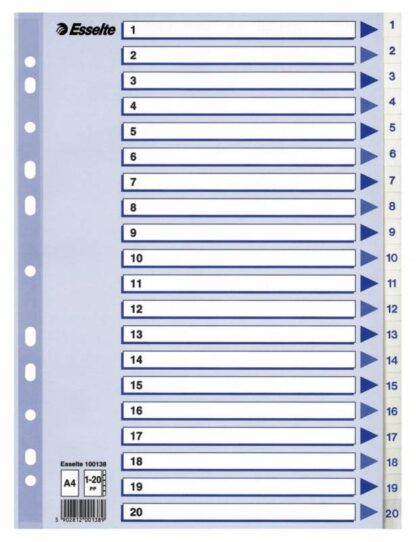 10 stk. Register Pp Esselte A4 1-20 M/hvid Kartonforblad - Esselte