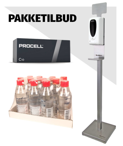 Pakketilbud - Håndfri Dispenser + Rustfri Stander + 12 X 500 Ml. Sprit + 10 X Batterier - Engsig Kontor