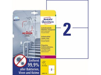 Laseretiket Avery Antimicrobiel 210X148Mm Klar 2/ark 10Ark/pk - Avery